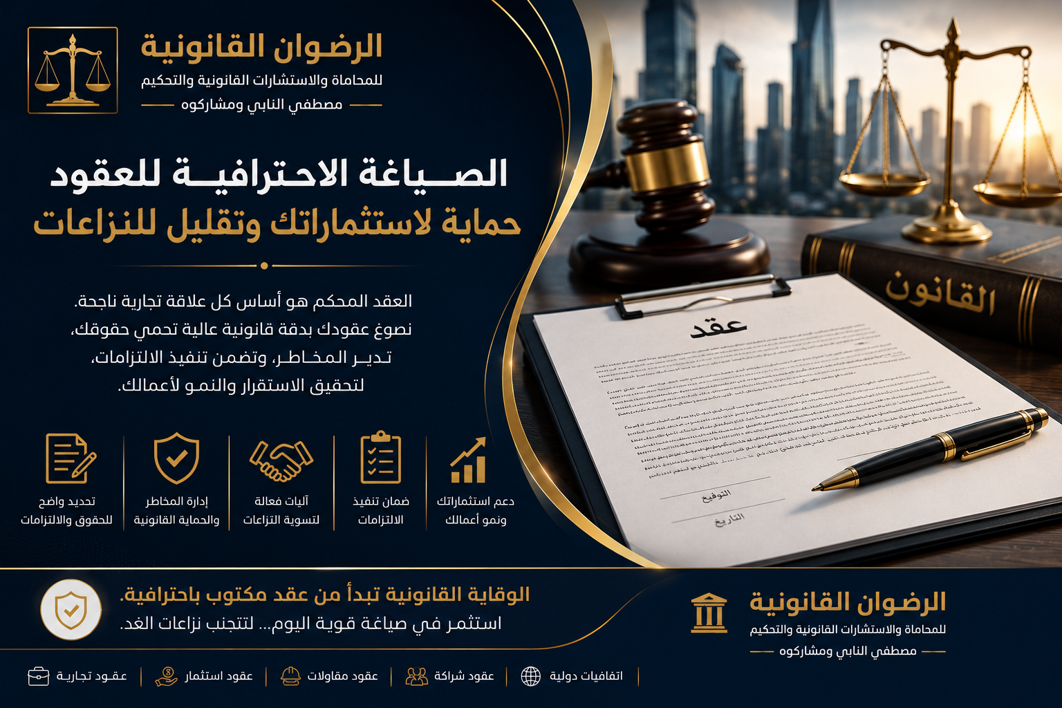  الرضوان القانونية تؤكد أهمية الصياغة الاحترافية للعقود في حماية الاستثمارات وتقليل النزاعات  